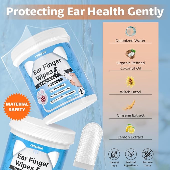 OBSEDE Dog & Cat Ear Cleaner Wipes - Finger Sleeve for Easy Wax Removal & Odor Control, Soothing Formula, Coconut Scent, 120 Count