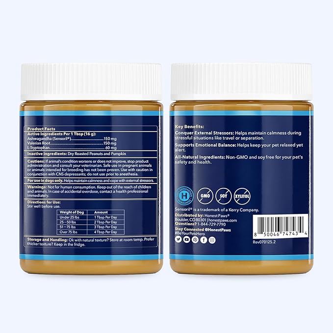 Honest Paws Calming Peanut Butter for Dogs – Dog Supplement with Ashwagandha, Valerian Root & L-Tryptophan – Supports Relaxation & Balanced Behavior – Made in USA – 12 oz