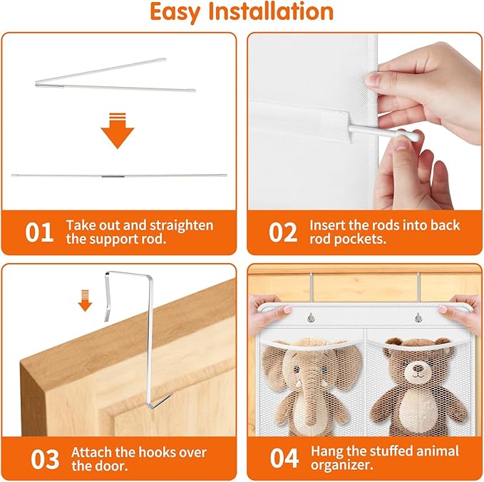 Stuffed Animal Storage - Large Over the Door Organizer with 6 Expandable Mesh Pockets & Metal Hooks, Non-Woven Fabric Hanging Plush Items Holder for Nursery, Bedroom, Playroom (White)