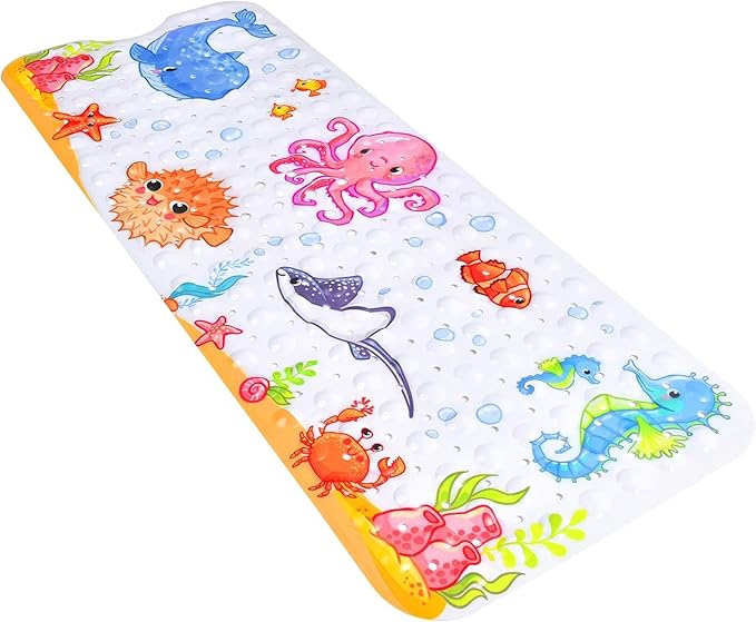 Bath Mat for Tub Non Slip, Machine Washable Anti-Slip Cartoon Baby Bathtub Shower Mat with Drain Holes and Suction Cups for Toddler & Kids, 40 Inch x 16 Inch-Rectangular, Pink Octopus