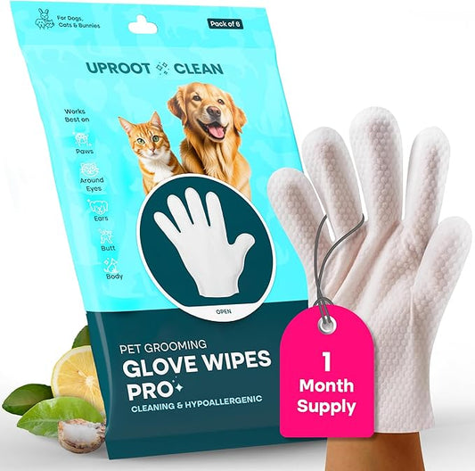 Uproot QuickClean Gloves Pro: 1 Month Supply - Extra-Thick Pet Glove Wipes for Dogs & Cats - Easy Wipe Paws, Eyes, Ears, Butt, & Body - Lick-Safe - Cleaning, Deodorizing & Grooming (6 Pack)