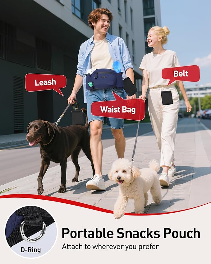 AGPTEK Dog Walking Fanny Pack, Large Capacity Dog Training Treat Pouch, Waist Bag with Removable Snack Pouch, Water Holder, Poop Bag Dispenser, Waterproof Zipper, Adjustable Strap, Dark Blue