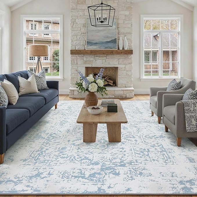 6x9 Fluffy Area Rug Blue Shag Neutral Carpet for Living Room Soft Medium Pile Floral Rug for Bedroom Dorm Office Dining Room Kitchen Nursery Modern Decor