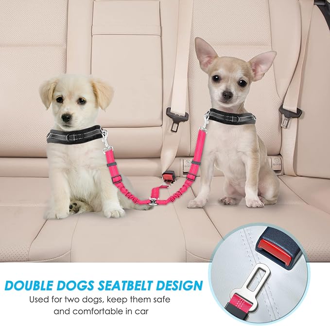SlowTon Dog Seat Belt, Double Dog Seatbelt Adjustable Vehicle Safety Leash with Elastic Bungee Buffer, Reflective No Tangle Y Shape Two Dog Harness Seat Belt Splitter for Pets Car Trip (F-Pink, S)