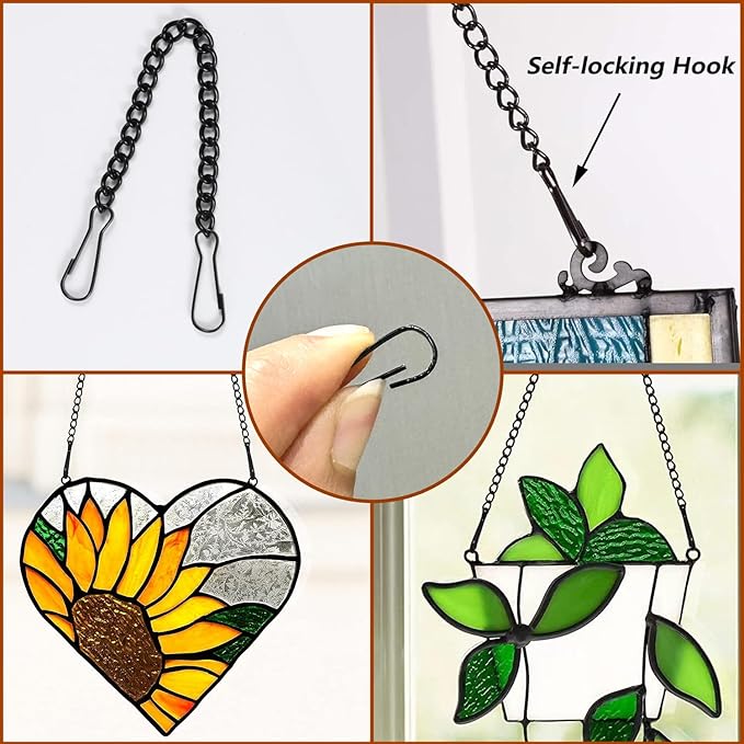 Stained Glass Window Hanging Chain Kit With Adhesive Hooks, Sunshine Catcher Metal Nickel Plating Panels, 7 Chains and 12 Hooks
