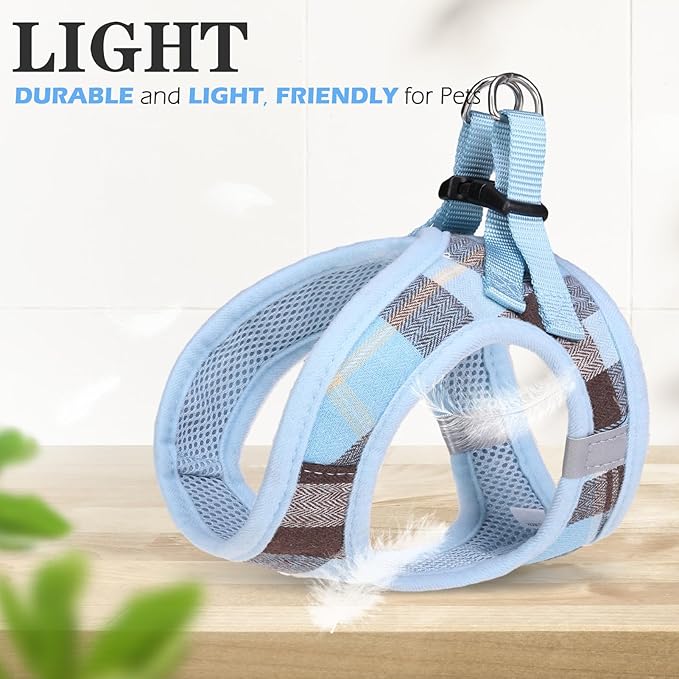 EXPAWLORER Classic Plaid Puppy Harness - Small Dog Harness and Leash Set - Dog Collar and Leash Set with AirTag Holder, Soft Padded Step in Dog Vest Harness No Pull Reflective for Outdoor, Blue XXS