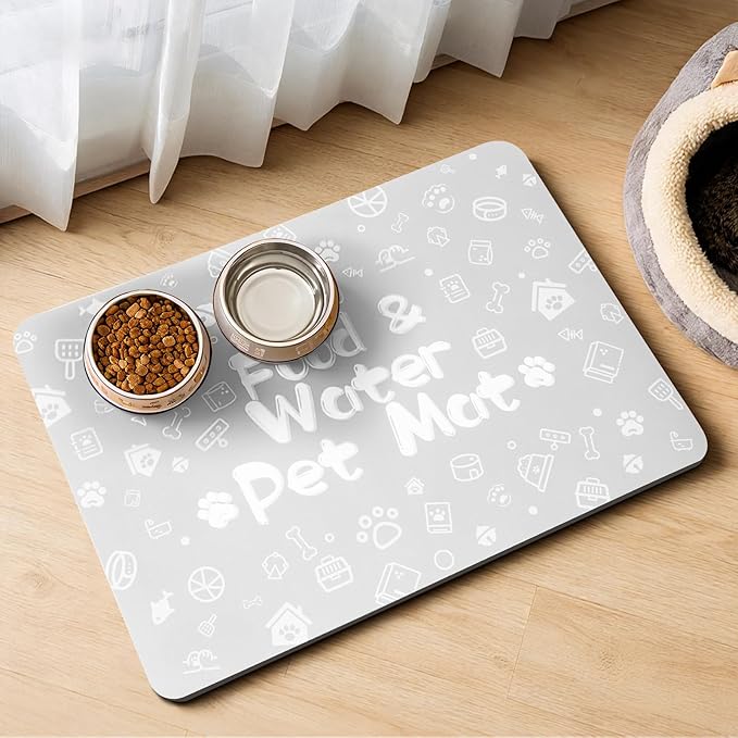 Pet Feeding Mat,Dog Cat Mat for Food and Water,Dog Bowl Waterproof Placemat with Rubber Backing,Absorbent Quick Dry Water Dispenser Mat for Pet（Light Gray 12"×18"）