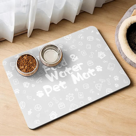Pet Feeding Mat,Dog Cat Mat for Food and Water,Dog Bowl Waterproof Placemat with Rubber Backing,Absorbent Quick Dry Water Dispenser Mat for Pet（Light Gray 16"×24"）
