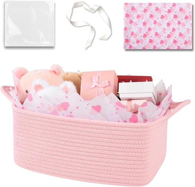 OIAHOMY Woven Basket, Gift Basket Empty with Gift Bags Ribbons and Wrap Tissue Paper, Rope Baskets for Baby Showers, Storage Baskets with Handles for Nursery, Pet Toy Organizer - Valentine's Pink