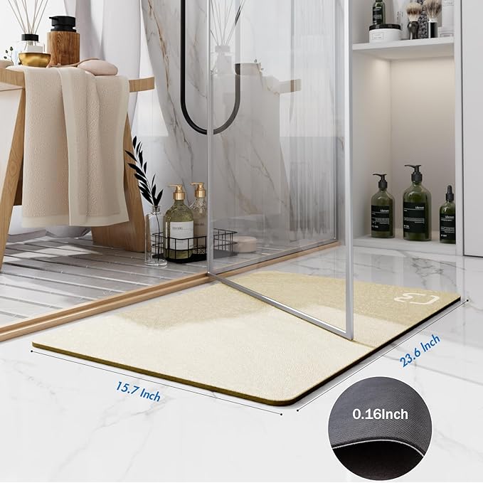 Diatomaceous Earth Bath Mat Rugs 23.6 x 15.7 inch, Quick Dry Super Absorbent Non Slip Rubber BottomThin Bathroom Mat Fit Under Door, Floor Rugs in Front of Bathtub,Shower Room,Sink, Beige