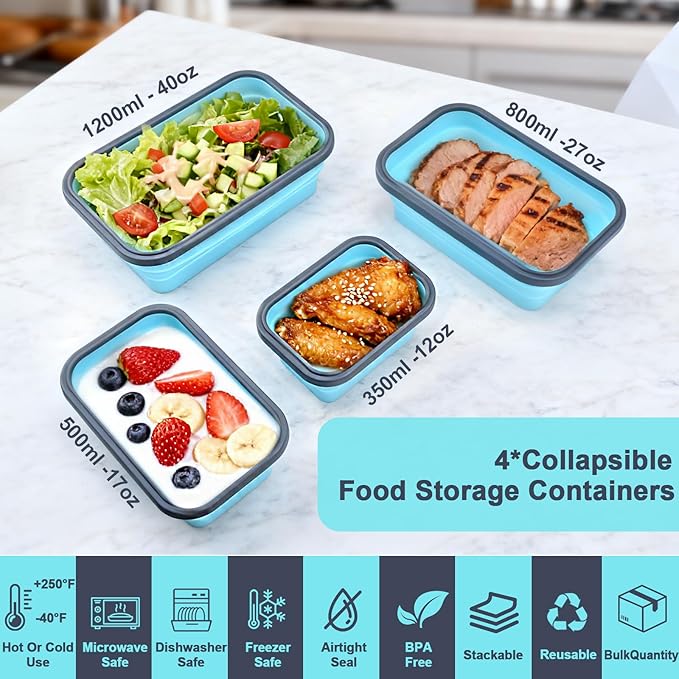 Collapsible Silicone Food Storage Containers with Lids, Collapsible Food Storage Containers, Camping Dishes, 4 Pack Foldable Lunch Box for Leftovers, Meals, Snacks, Gray