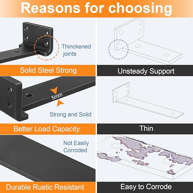 Floating Shelf Brackets 10 inch 8 Pack L Brackets for Shelves Black Metal Heavy Duty Shelf Bracket for DIY Decorative with Mounting Hardware