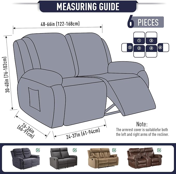 TAOCOCO Recliner Loveseat Slipcover, 6 Pieces Dual Recliner Sofa Covers for 2 Seat Dual Reclining Loveseat Couch, Stretch Soft Jacquard Pattern Furniture Protector with Elasticity (Navy Blue)