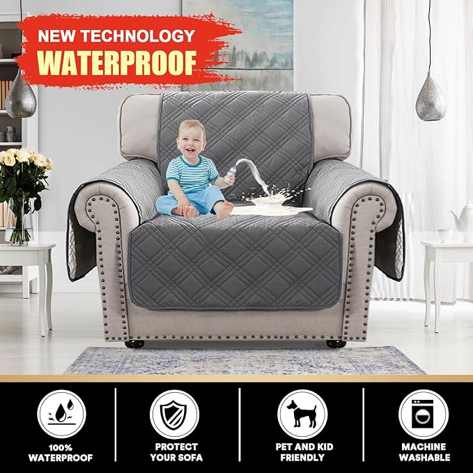 PrinceDeco 100% Waterproof Chair Sofa Slipcover for Living Room Water Resistant Couch Cover Furniture Protector Cover with Elastic Straps for Pets Kids Children Dog Cat(Chair 23", Grey)