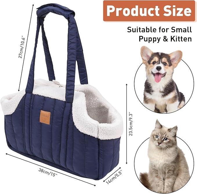 ETIAL Small Dog Carrier Purse, Winter Fleece Warm Dog Tote Bag Carrier with Secure Harness Clip for Puppy Kitten, Waterproof Pet Travel Handbag for Shopping, Hiking and Walking (Dark Blue)
