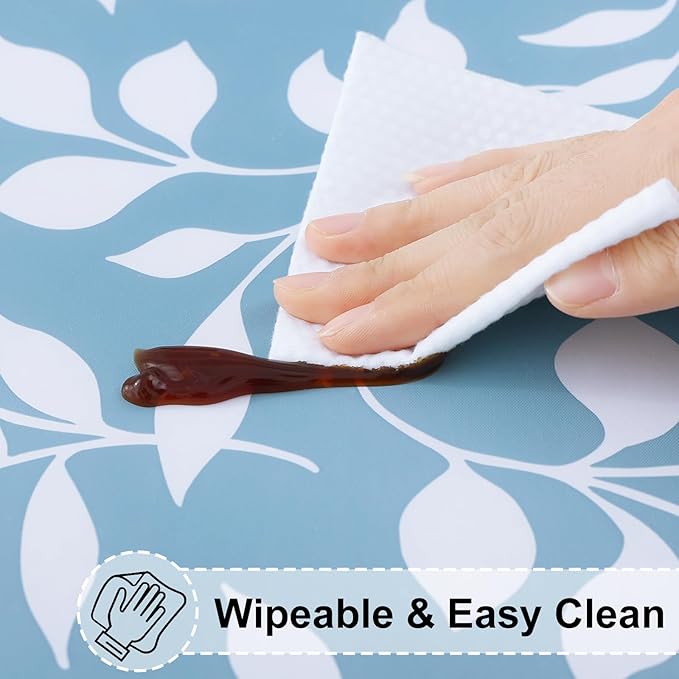 misaya Rectangle Vinyl Tablecloth, Fitted Table Cover, 100% Waterproof, Elastic Edge, Flannel Backing, Plastic Table Cloth Fit 8 Foot Folding Tables for Picnic, Camping (Blue Leaves, 30x96 inch)