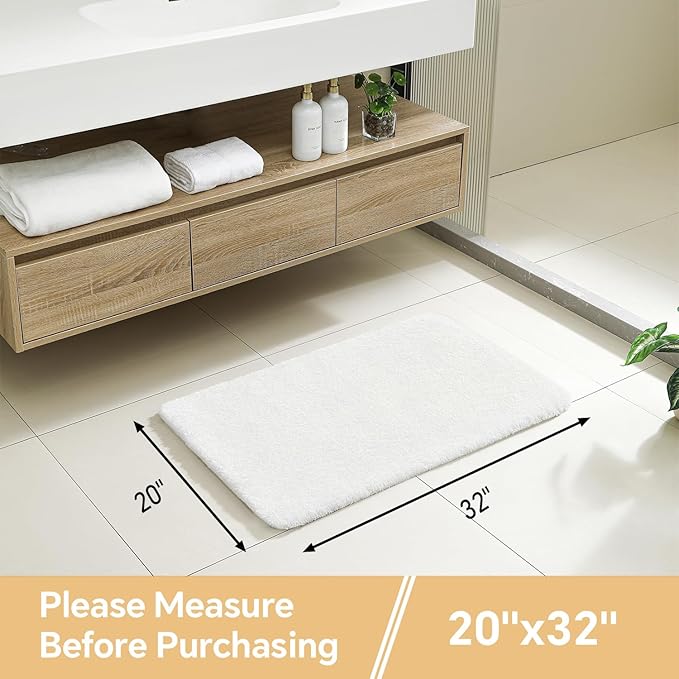 White Bathroom Rugs 20"x32" - Soft Plush Bath Mat, Non Slip Absorbent Microfiber Bathroom Rug, Machine Washable Floor Mat - Perfect for Vanity, Sink or Bathtub Area
