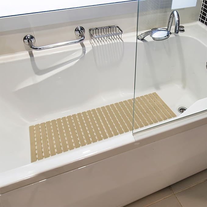 Shower Mat Non Slip Bathtub Mat with Suction Cups and Drain Holes 37.4 x15.7 Inch Bath Mat for Tub & Shower.Easy Dry,Easy to Cut,Eco-Friendly