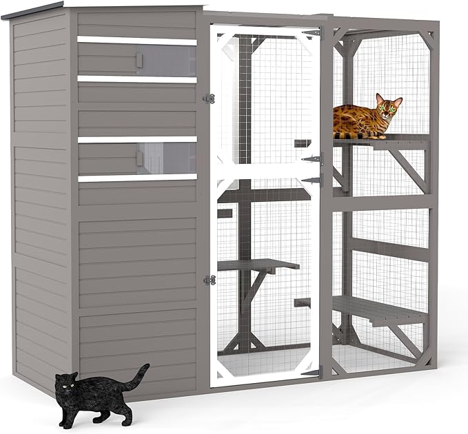 71" H Large Catio Outdoor Cat Enclosure, Walk-in Catio Cat Patio Weatherproof Attached Window for Multiple Cats, Semi-Enclosed Kitty Condo Enclosure Outside with Asphalt and UV Protection Roofs