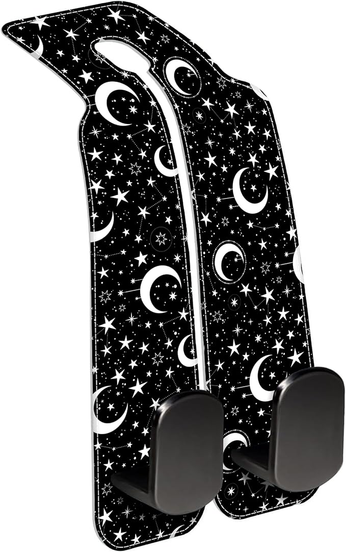 AEWNUNK 1 Pack Car Seat Headrest Hooks for Purses and Bags White Stars and Moons Bag Purse Holder for Car with Double Metal Hooks Car Purse Hanger Hanging Accessories