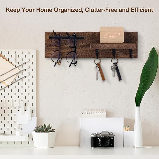 Lucundm Key Holder for Wall, Decorative Entryway Shelf with Hooks Holds Keys, Dog Leash, Sunglasses – Key Hanger with 3 Hooks Organizes, Enhances Home Decor (15” x 4.5” x 2.6”) (Brown)