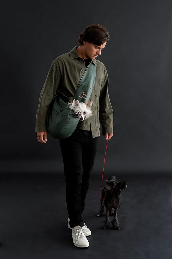 Noah & Paw Dog Sling Carrier for Small Dogs 5-18lb, Dog Sling for Small Dogs and Cats, Dog Carrier with Adjustable Padded Strap, Vegan Denim Lined with Fur, 3X Safety Features, Machine Washable