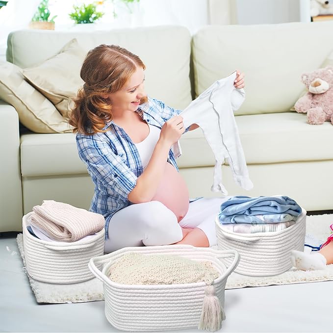 Poschnor Gift Basket for Mother's Day, with Gift Bags and Ribbons, 12X 8 X 5 Inch Empty Basket for Gifts, Small Cotton Rope Basket, White