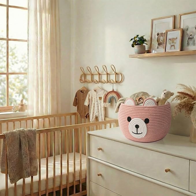 CherryNow Baby Basket for Nursery, Baby Shower Gifts for Girls, Cute Storage Basket for Home Decor, Animal Baskets for Kids Toys Organizer, Pink, 10.5"D x 8.5"H