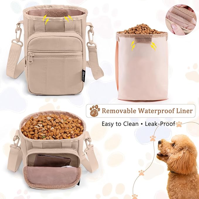 Stylish Dog Training Treat Pouch with Waist & Shoulder Strap, Dog Treat Bag for Walking and Training, Removable Waterproof Liner, Drawstring Treat Holder with Front Pocket & Clicker