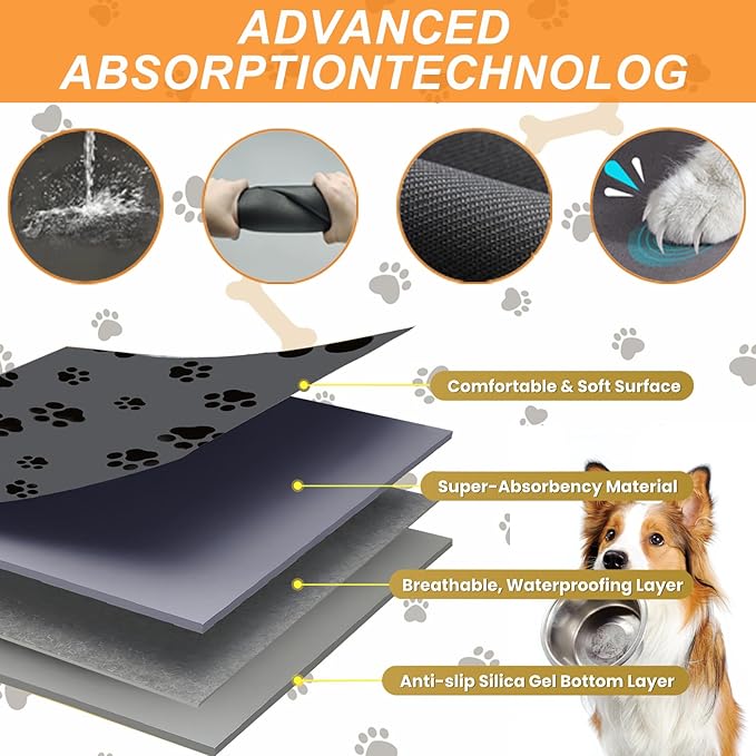 12"×20" Dark Grey Absorbent Dog Mat for Food and Water Bowl- Quick Dry Durable Feeding Mat for Dog and Cat Easy Cleaning Pet Supplies for Messy Pets