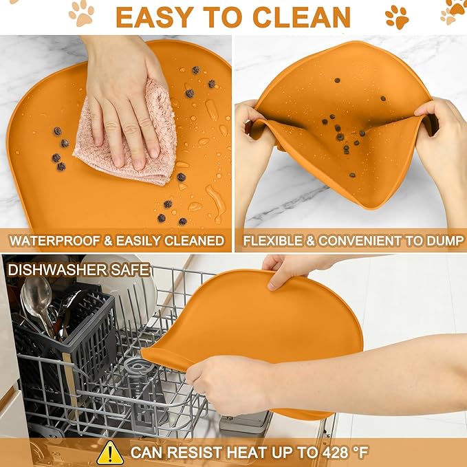 SMILOOL Silicone Pet Feeding Mat with Raised Edge for Food and Water, Dog Bowl Mats, Cat Bowls Placemat with High Lip for Floor Waterproof, Rubber Tray for Cats and Dogs 12 x 12 x 0.7 Orange