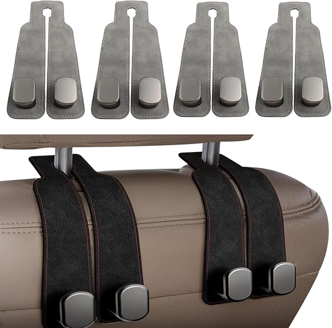 Headrest Hooks - Car Seat Back Double Hook Leather, Purses Hooks (4-Grey)