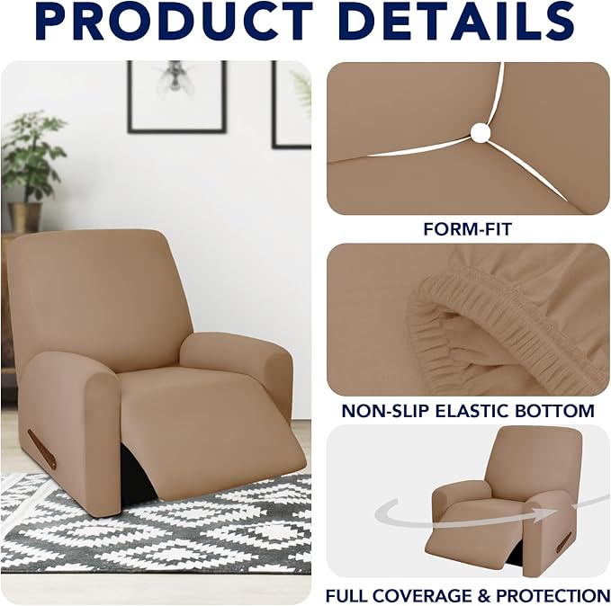 PureFit 100% Dual Waterproof Recliner Cover, Waterproof Couch Cover for Recliner - Stretch Non Slip Fleece Sofa Covers Washable, Leakproof Furniture Protector for Kids, Pets, Dog (Recliner, Camel)