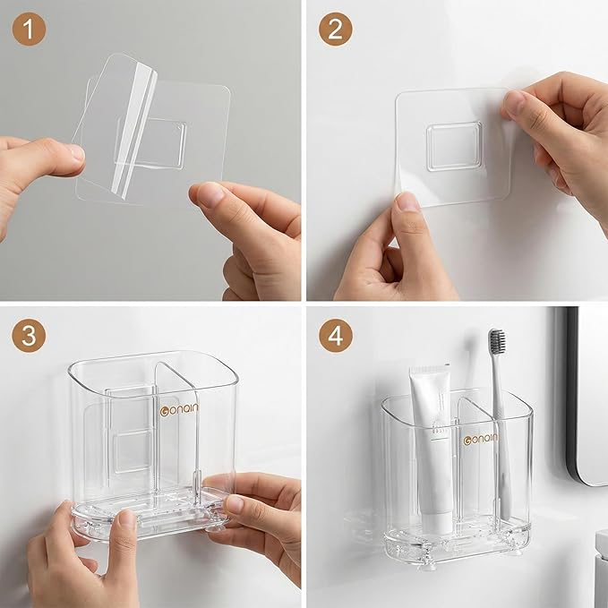Acrylic Electric Toothbrush Holder with Detachable Base, 2 Slots Wall-Mounted Bathroom Storage Caddy, Clear Makeup Brush Organizer with Removable Divider for Toothpaste, Razors, Kitchen & Office Desk