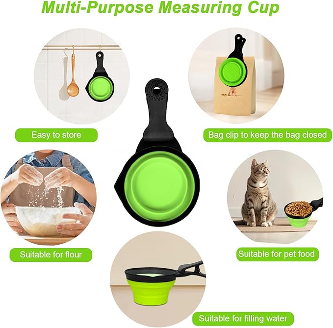 PNEUICALLY Collapsible Dog Food Scoop Foldable Pet Food Bag Clip 3 in 1 Multi-function Silicone Cat Food Measuring Cup Scoop Dog Food Scooper Pet Food Storage Clip (Green, 2 Cup Capacity(1 Pack))