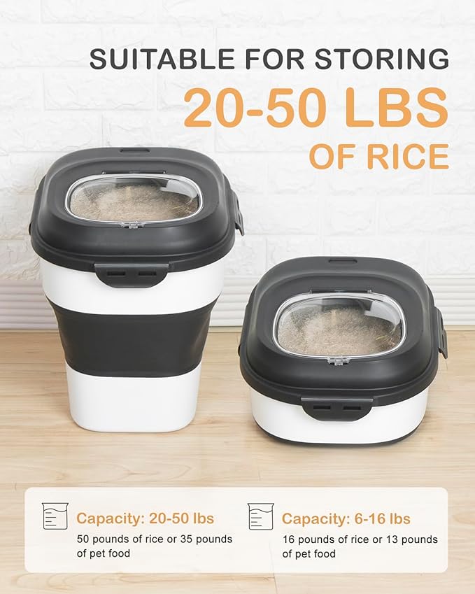DDMOMMY 20-50 Lbs Food Storage Containers,Collapsible Rice Container with Wheel Airtight Locking Lid,Flour Storage Container with Small Food Container and Scoop,Suitable for Food,Rice,Pet Food,Flour