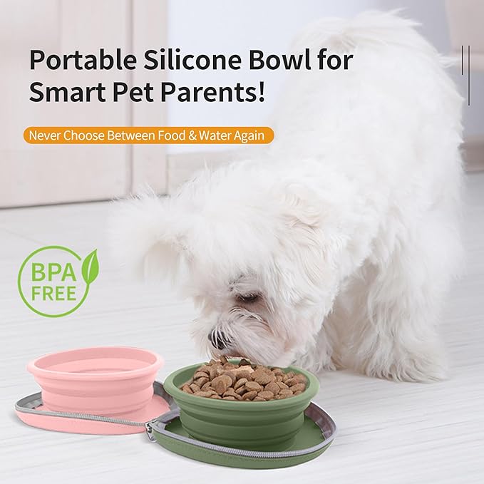 Collapsible Dog Bowls, 2-in-1 Travel Double Bowl Water Food Feeder Portable Pet Traveling Camping & Walking 25oz (Pink Green)