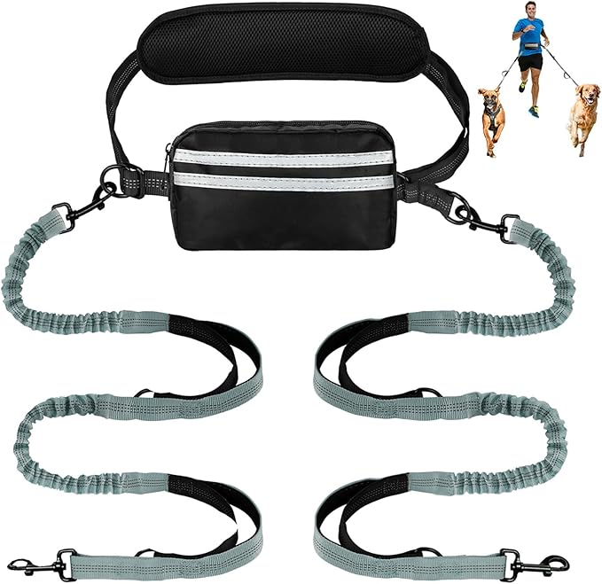Hands Free Dog Leash with Pouch, Double Leash for Two Dogs, Retractable Bungee with Double Padded Handles, Waist for Dog Walking, Running for Dogs, Dog Walking Accessories