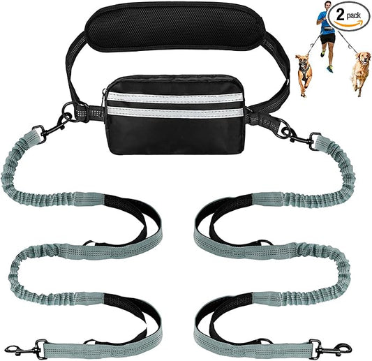 Hands Free Dog Leash with Pouch, Double Leash for Two Dogs, Retractable Bungee with Double Padded Handles, Waist for Dog Walking, Running for Dogs, Dog Walking Accessories