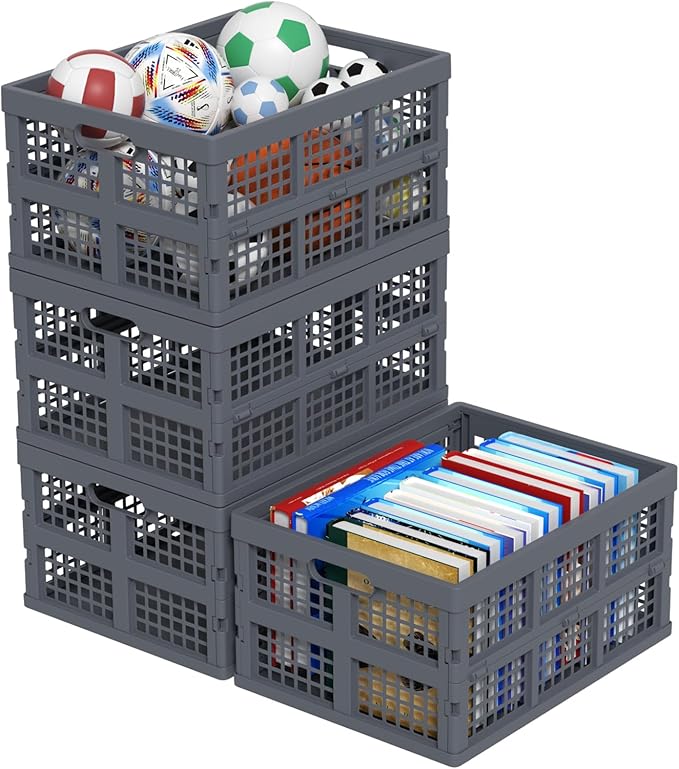 AnnkkyUS 4-Pack Folding Storage Bin, 32 Liter Plastic Collapsible Crates