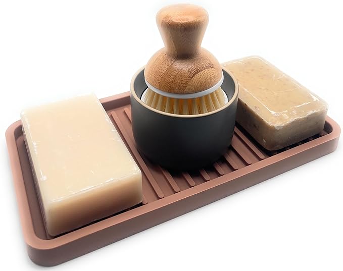 Happitasa Silicone Kitchen Sink Organizer Tray, Sponge Holder and Countertop Protector | Bathroom and Kitchen Soap Dish and Dispenser Tray (Mocha, 10"x5.25")