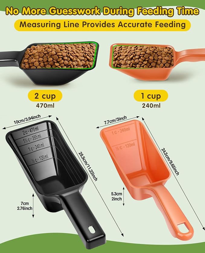 GNEOCO 2 Pack Dog Food Scoop with 1 Cup and 2 Cup Capacity, Plastic Pet Food Measuring Scoops with Clear Measurement Lines for Dogs, Cats & More,Dishwasher safe (Orange and Black)