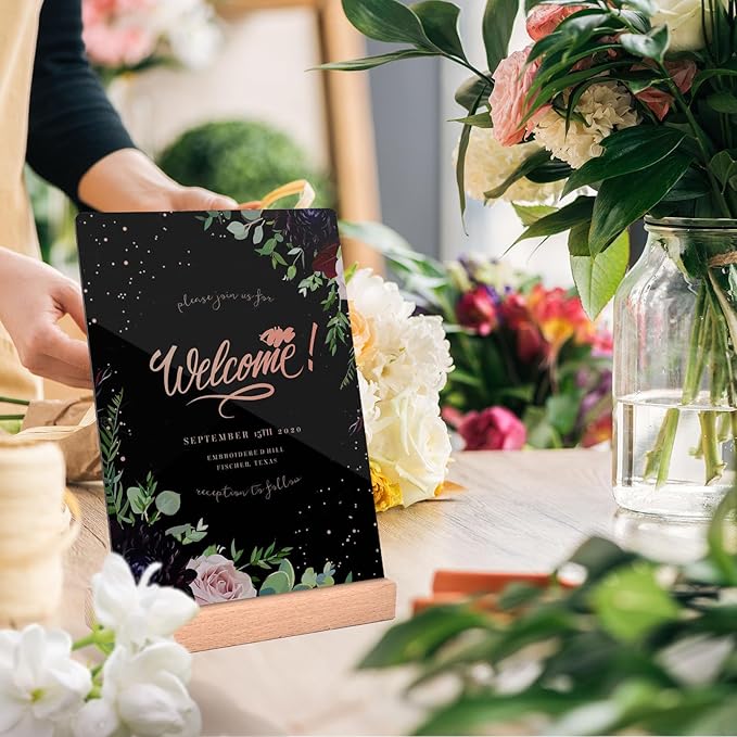 4 Pack Mini Chalkboard Signs - 8x6 inch Acrylic Chalk Board - Small Chalkboard Signs with Beech Base - Double Sided Blackboard for Display Menus, Food Signs, Message Boards, Table Numbers