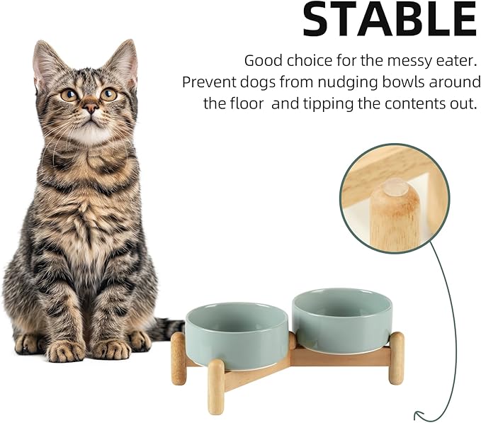 Ceramic 5.1inch Raised Double Bowls Set with Wooden Stand, Elevated Food & Water Bowls for Small Breed Dogs, Cats, Kitty, Weighted Dog Dishes, Pet Bowls(13.5oz, Light Green)