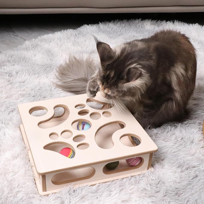 DI BI GRAMAS Cat Interactive Box Puzzle Toy with 3 Small Balls and 1 Bell Indoor Hunting Exercise Toy for Kittens Natural Wood Material
