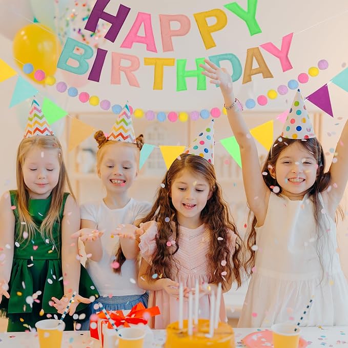 Pre-Strung Happy Birthday Banner - Felt Ball Garland Happy Birthday Pennant, Multicolor Bunting String Triangle (Macaron)