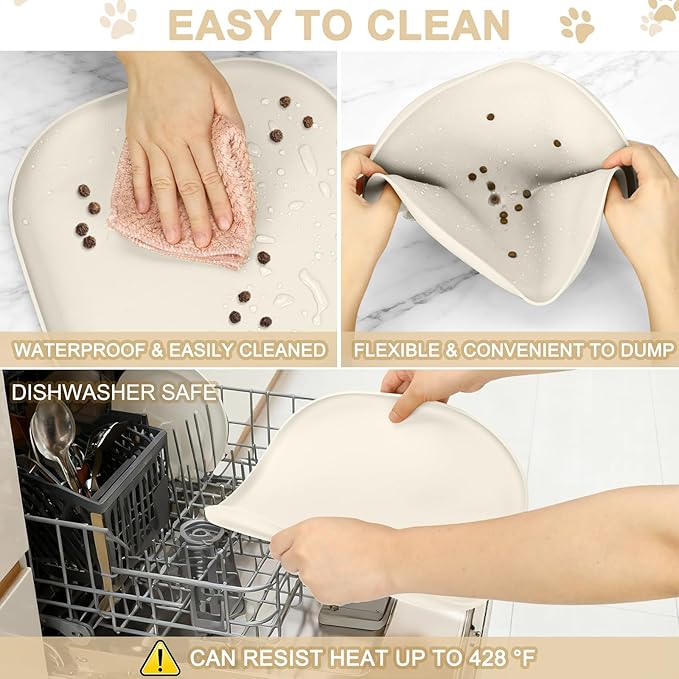 SMILOOL Small Silicone Pet Food Mat with Raised Edge for Food and Water Bowl, Square Dog Feeding Mats, Cat Food Trays for Floor Waterproof, Rubber Tray for Dogs and Cats, 12 x 12 x 0.7 White Sand