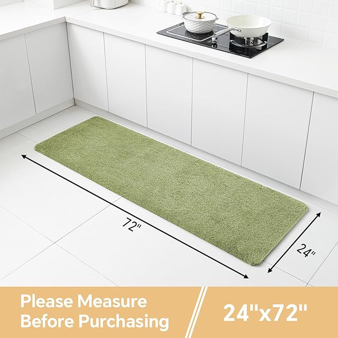 Olive Green Bathroom Rugs Runner 24"x72" - Extra Long Plush Bath Mat, Non Slip Absorbent Microfiber Floor Rug, Washable and Fluffy - Ideal for Bathroom, Kitchen or Pet Mat Use