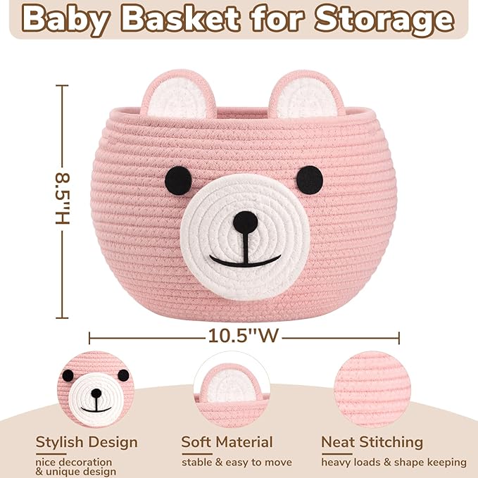 CherryNow Baby Basket for Nursery, Baby Shower Gifts for Girls, Cute Storage Basket for Home Decor, Animal Baskets for Kids Toys Organizer, Pink, 10.5"D x 8.5"H