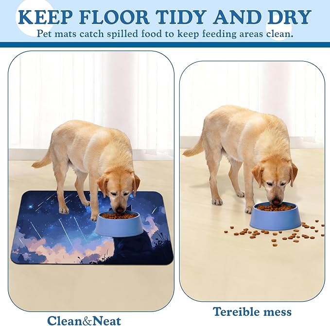 Starry Night Cat Dog Food Mat–Christmas Stocking Absorbent Quick Dry Feeding Placemat for Food and Water Bowls, Non Slip Rubber Backing, Waterproof Pet Supplies for Mess-Free Eating 12"x20"